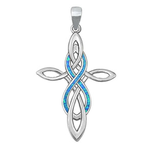 Sterling Silver Fashion Blue Synthetic Opal Cross Pendant Celtic Infinity Charm