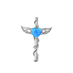 Sterling Silver Cute Heart Cross Angel Wing Blue Synthetic Opal Pendant Charm