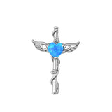 Sterling Silver Cute Heart Cross Angel Wing Blue Synthetic Opal Pendant Charm