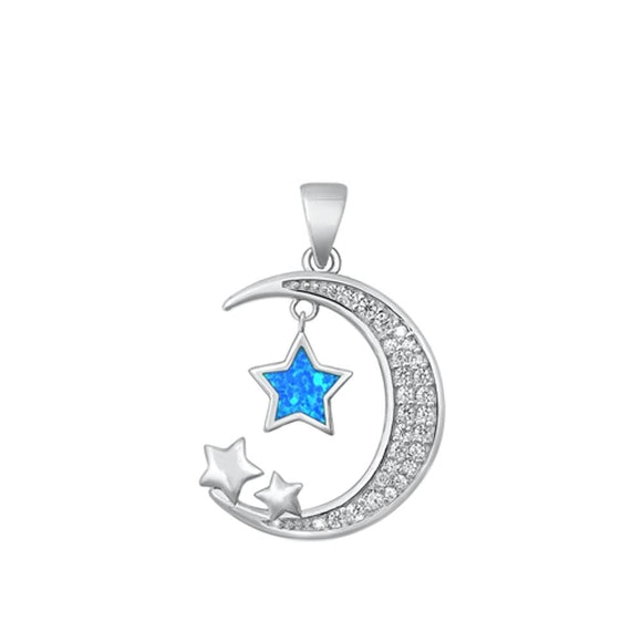 Sterling Silver Wholesale Blue Synthetic Opal Clear CZ Pendant Moon Stars Charm