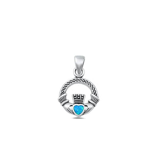 Sterling Silver Unique Blue Synthetic Opal Claddagh Pendant Cute Charm .925 New