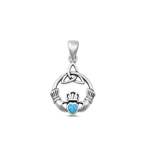 Sterling Silver Cute Blue Synthetic Opal Claddagh Pendant Polished Charm 925 New