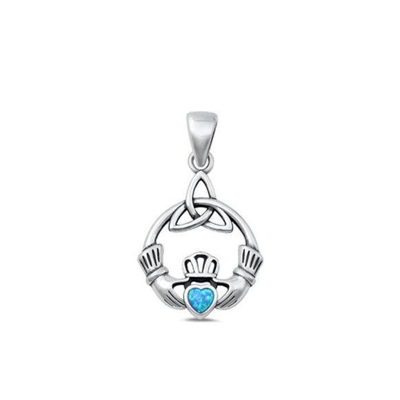 Sterling Silver Cute Blue Synthetic Opal Claddagh Pendant Polished Charm 925 New