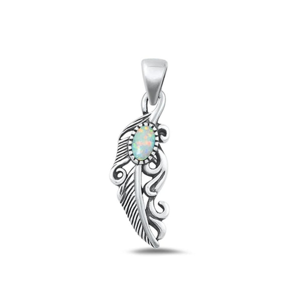 Sterling Silver Fashion Oxidized White Lab Opal Feather Pendant .925 New Charm