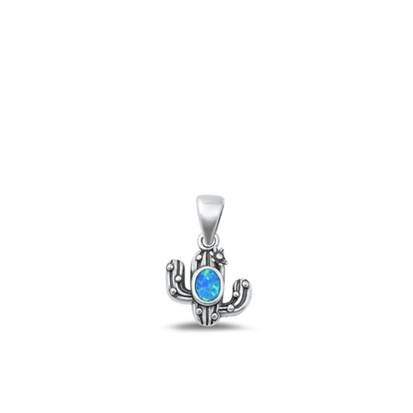 Sterling Silver Oxidized Blue Lab Opal Cactus Flower Pendant Charm .925 New