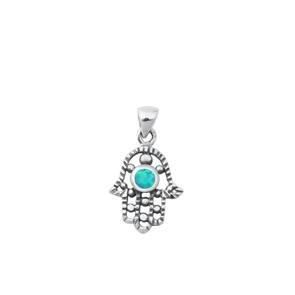 Sterling Silver Blue Lab Opal Hamsa Oxidized Pendant Fashion Charm .925 New