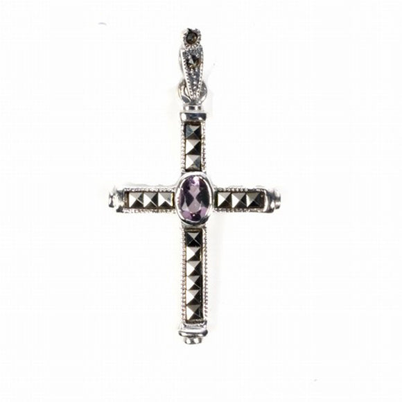 Sterling Silver Gothic Cross Pendant Victorian Vintage Style Marcasite Charm 925