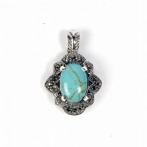 Sterling Silver Elegant Vintage Turquoise Pendant Marcasite Cluster Charm 925