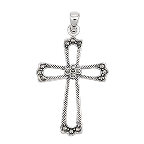 Sterling Silver Marcasite Vintage Style Cross Pendant Flower Traditional Charm