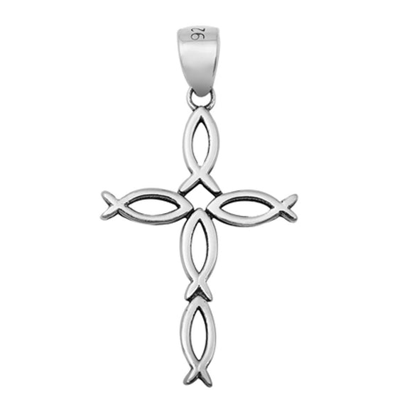 Sterling Silver Ichthus Fish Cross Pendant Faith Traditional Classic Charm 925