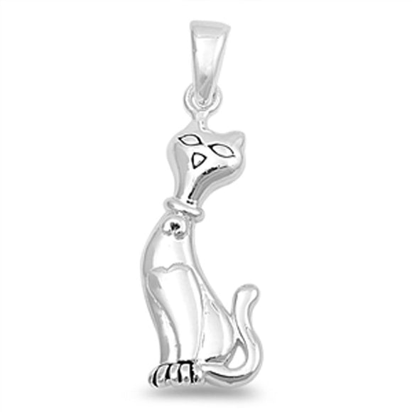 Elongated Retro Cat Pendant .925 Sterling Silver Posh Feminine Fancy Pet Charm