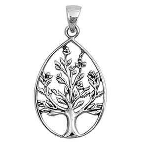 Sterling Silver Elegant Blooming Tree of Life Pendant Blossom Teardrop Charm 925