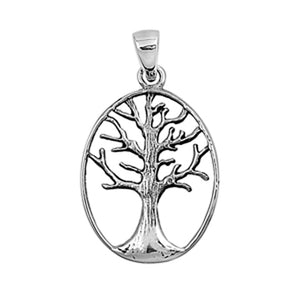 Oval Realistic Tree of Life Pendant .925 Sterling Silver Branch Leaf Charm