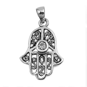 Ornate Twisted Rope Hamsa Clear Simulated CZ Pendant .925 Sterling Silver Charm