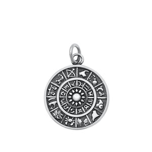 Detailed Oxidized Zodiac Calendar Pendant .925 Sterling Silver Sun Sign Charm