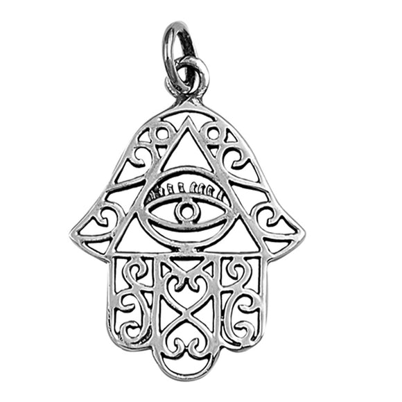 Hand of God Ornate Cutout Hamsa Pendant .925 Sterling Silver Spiral Eye Charm