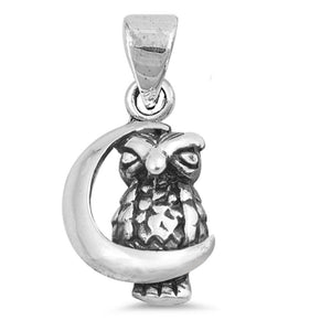 Bird Perched Owl Moon Pendant .925 Sterling Silver Nature Forest Animal Charm