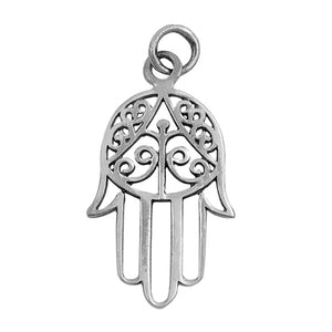 Sterling Silver Hamsa Pendant Hand of God Cutout Ornate Detail Swirl Charm 925