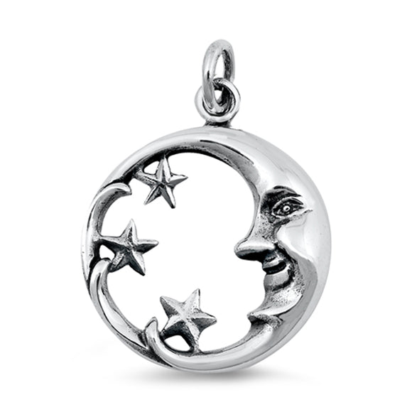 Sterling Silver Smiling Moon Pendant Face Star Wave Mystical Charm 925 New