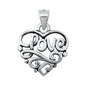 Sterling Silver Flourish Love Heart Pendant Script Word Filigree Swirl Charm 925