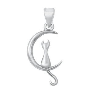 Sterling Silver Crescent Moon Cat Pendant Dream Animal Pet Kitten Charm 925 New