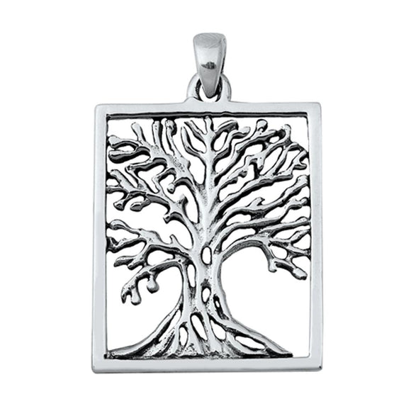 Sterling Silver Tree of Life Pendant Rectangle Frame Nature Branch Roots Charm