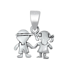 Sterling Silver Kids Pendant Children Boy Girl Siblings Cute Holding Hands Charm