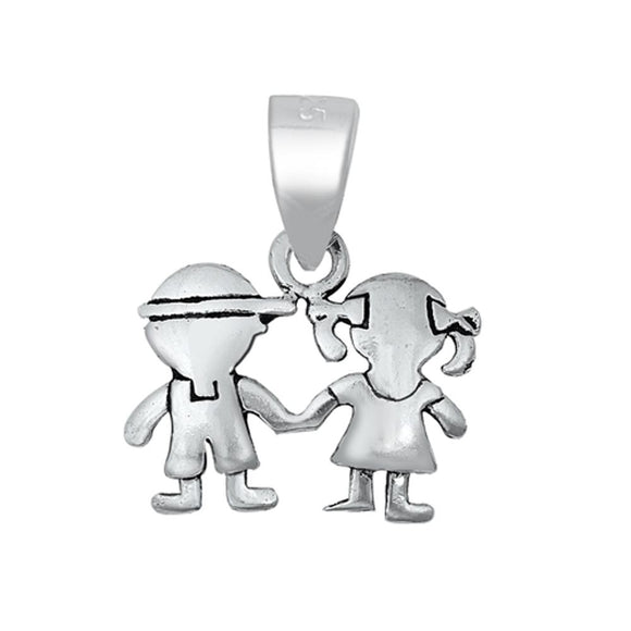 Sterling Silver Kids Pendant Children Boy Girl Siblings Cute Holding Hands Charm