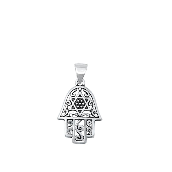 Sterling Silver Classic Ornate Hamsa Star of David Jewish Pendant Charm 925