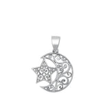 Sterling Silver Polished Filigree Star Moon Pendant Vintage Charm 925 New