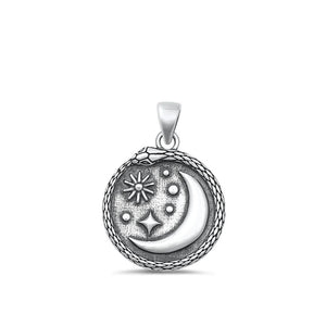 Sterling Silver Cute Moon Stars Snake Medallion Pendant Oxidized Charm 925 New