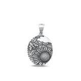 Sterling Silver Classic Sunflower & Bee Pendant Oxidized High Polished Charm 925