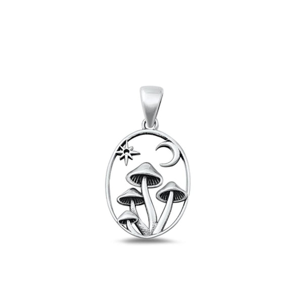 Sterling Silver Cute Mushrooms Moon Sun Pendant Oxidized High Polished Charm 925