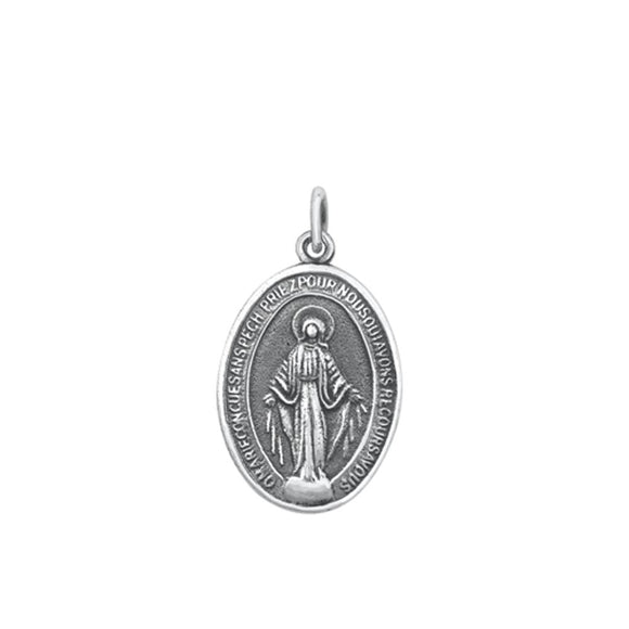 Sterling Silver Oxidized Oval Mircaulous Medal Pendant Religious Faith Charm