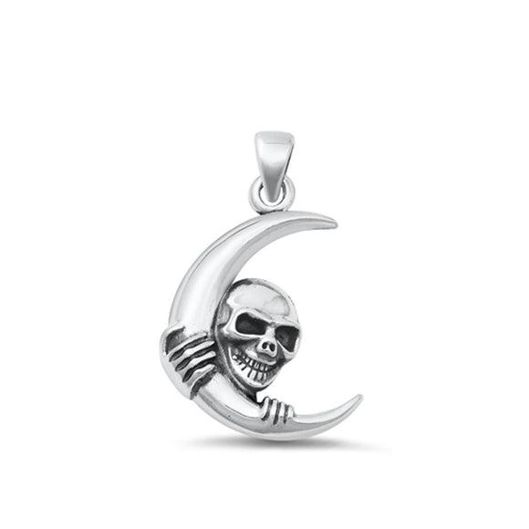 Sterling Silver High Polished Moon & Skull Pendant Oxidized Charm 925 New