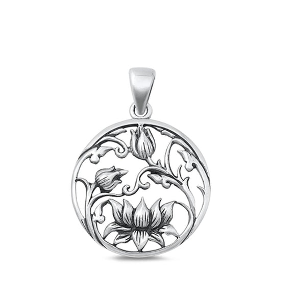 Sterling Silver Oxidized Lotus Flower Medallion Pendant Polished Charm .925 New