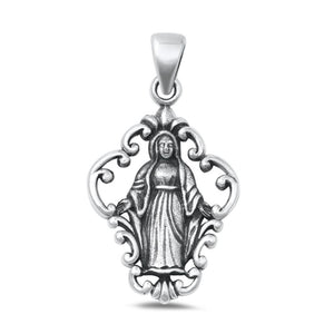 Sterling Silver Oxidized Virgin Mary Christian Saint Pendant Faith Charm 925 New