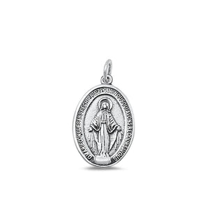 Sterling Silver Polished Saint Medallion Pendant Oxidized Christian Charm .925