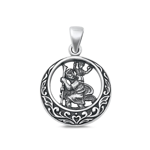 Sterling Silver Beautiful St. Christopher Pendant Oxidized Medallion Charm .925