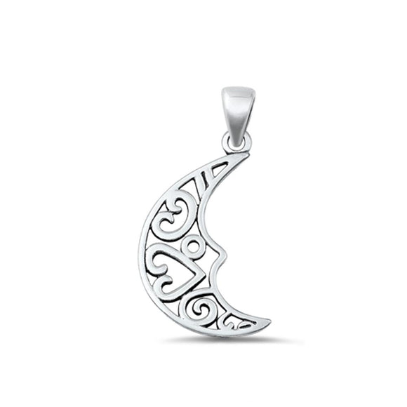 Sterling Silver Fashion Oxidized Crescent Moon & Hearts Pendant .925 New Charm