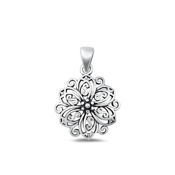 Sterling Silver Unique Flower Medallion Pendant High Polished Charm .925 New