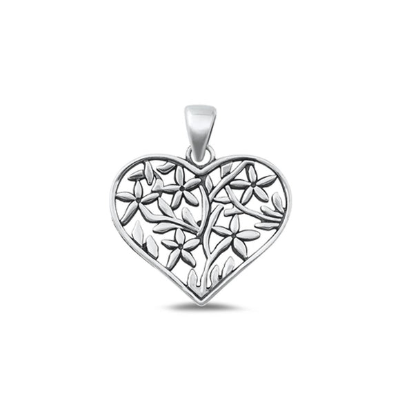 Sterling Silver Oxidized Heart & Flower Charm Cute Love You Pendant .925 New