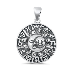 Sterling Silver Unique Sun Moon Zodiac Medallion Pendant Oxidized Charm .925 New