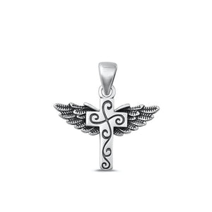 Sterling Silver Fashion Oxidized Cross Swirls with Wings Pendant .925 New