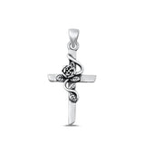 Sterling Silver Fashion Oxidized Rose Flower & Cross Polished Pendant .925 New