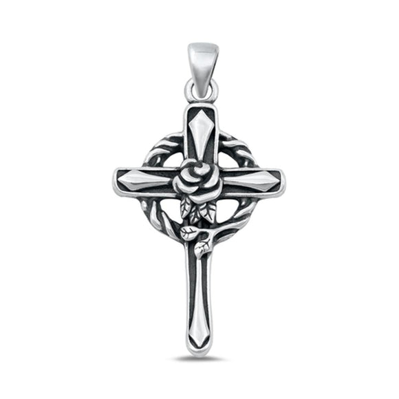 Sterling Silver Fashion Oxidized Beautiful Cross W/Rose Flower Pendant .925 New