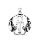 Sterling Silver Fashion Oxidized Ancient Egyptian Ankh & Wings Pendant .925 New