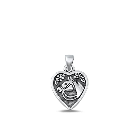 Sterling Silver Fashion Oxidized Heart Horse Flower Pendant Cute Charm .925 New