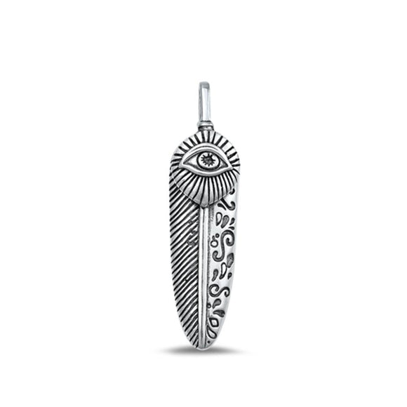 Sterling Silver Oxidized Fashion Feather & Evil Eye Pendant Charm .925 New