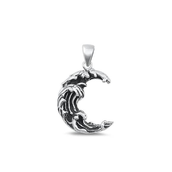 Sterling Silver Oxidized Moon Wave Fashion Pendant High Polished Charm .925 New